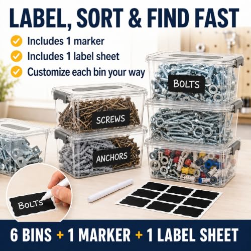 Hardware Organizer, 6-Pack Tool Box with Labels and Marker for Workshop