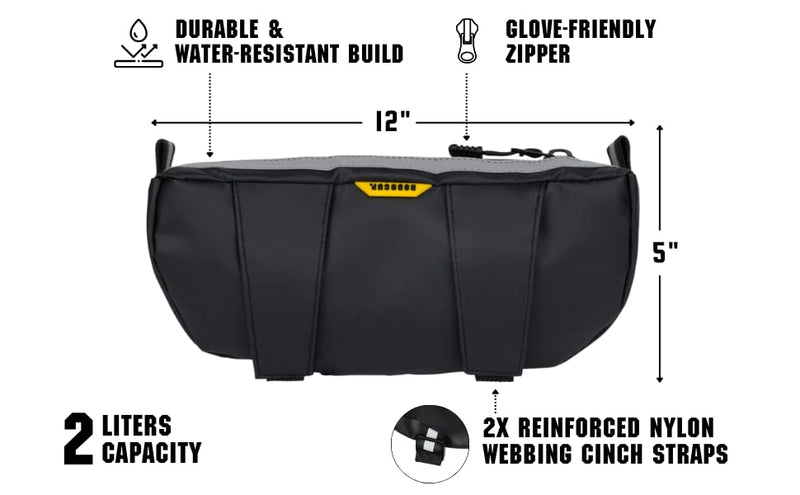 Handlebar Trail Bag for Adventure Motorcycles, Dirt Bikes, ATV, eBikes | 2L Storage for Tools, Phone, Keys, Snacks | Heavy Duty Water Resistant PVC Material, Glove-Friendly Waterproof Zippers