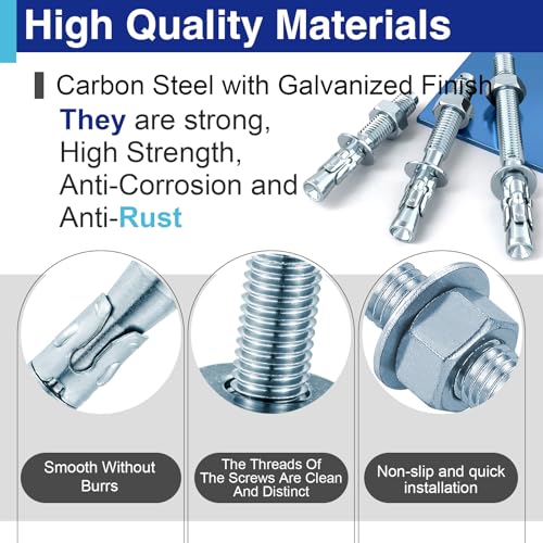 100PCS 1/4" x 3-1/8" Concrete Anchor Bolts, Carbon Steel Wedge Anchors 1/4" × 3-1/8" 100