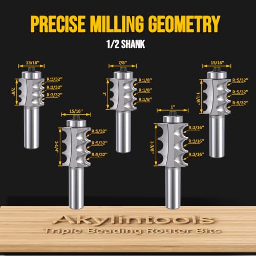 Triple Beading Router Bit Set, 1/2" Shank, 5pcs 5pcs-1/2"S