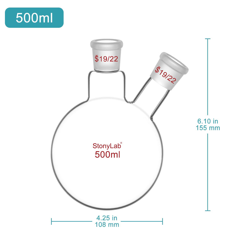 StonyLab Glass 500ml Heavy Wall 2 Neck Round Bottom Flask RBF, with 19/22 Center and Side Standard Taper Outer Joint - 500mL 500 ml
