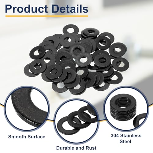 uxcell 60 Pcs Flat Washer for Screws, Stainless Steel Washers 6mm ID x 16mm OD x 1mm Thick for Bolts, Factories Repair, Kitchens, Shops, and Outdoor Construction, Black