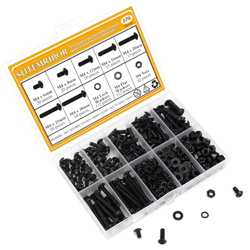 376 Pieces M4 Screws Nuts Washers Set Black, Sutemribor M4 x 6/8/12/16/20/25/30mm Button Head Socket Cap Screws Nuts Washers Assortment Kit, 10.9 Grade Alloy Steel, Fully Threaded