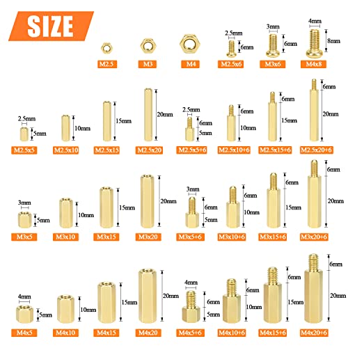 HELIFOUNER 422 Pieces M2.5 M3 M4 Male Female Hex Brass Spacers Standoffs Screws Nuts Assortment Kit, Threaded Pillar for Printed Circuit Board Motherboard M2.5 M3 M4 Brass Standoff Set