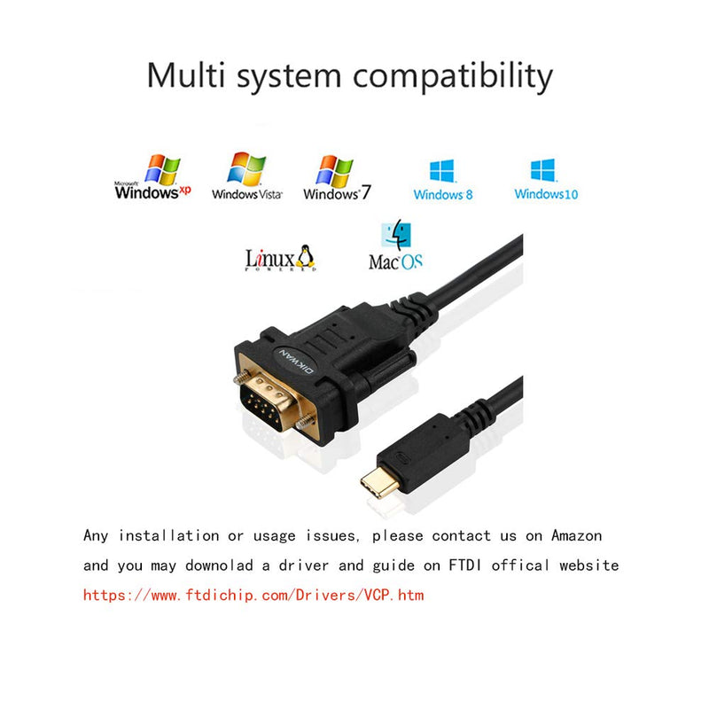 USB Type C to RS232 DB9 Serial Port Adapter Cable, FTDI Chipset, Supports Windows 11, 10, 8, 7 and Mac Linux 6FT USB-C to Serial DB9