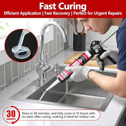 LISRUX Advanced Clear Silicone Caulk for Kitchen & Bathroom,10 fl oz Cartridge,12 Pack,100% Waterproof RTV Silicone Sealant,Stronger Adhesion,Shrink & Crack Proof 12P