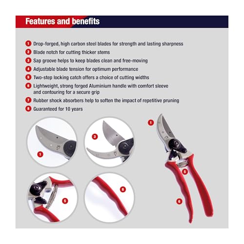 Spear & Jackson Razorsharp Heavy Duty Bypass Pruners, Drop-Forged High Carbon Steel Blades, Adjustable Blade Tension, Ergonomic Handles for Professional Pruning