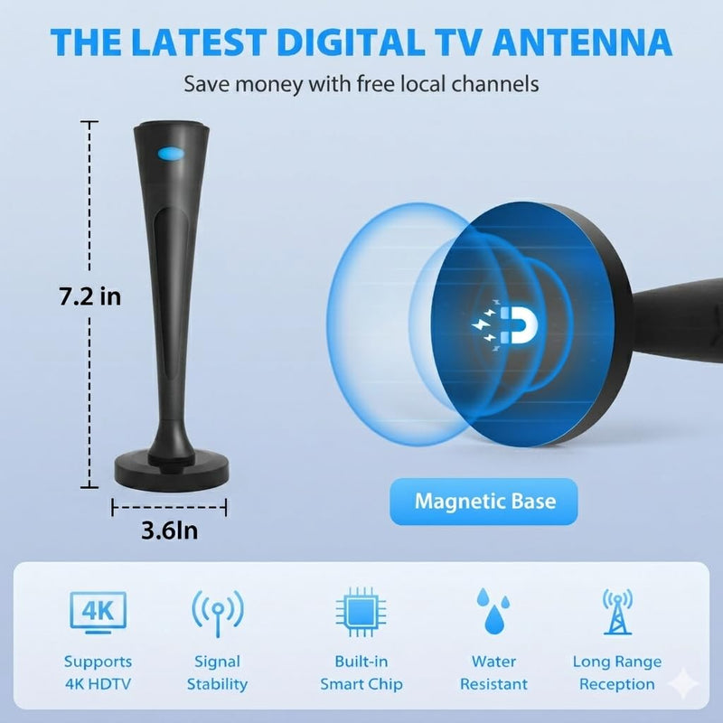 2026 Upgraded Indoor TV Antenna for Smart TV, 360° Reception, Digital Antenna with Magnetic Base and Signal Booster, Supports 4K HD Free Local Channels, Easy Setup for Smart & Old TVs