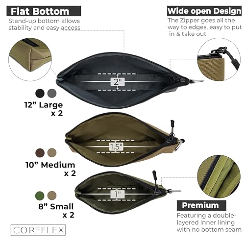 COREFLEX Premium Tool Pouch Zipper Bag, Small Tool Bag, Multipurpose Storage pouch, Heavy duty Flat Bottom Tool bag with YKK Zipper (6 pack Combo mixed size) 6 pack Combo mixed size Khaki