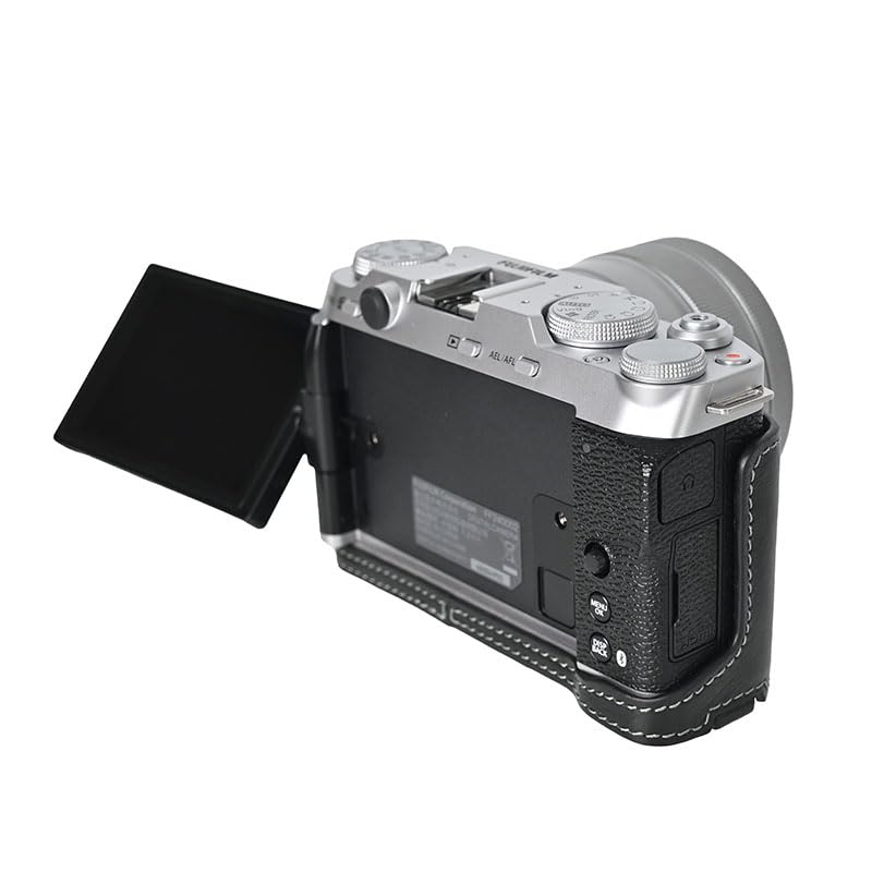X-M5 Case, Handmade Genuine Real Leather Half Camera Case Bag Cover for Fujifilm X-M5 XM5 Bottom Opening Version + Neck Strap (Black) Black