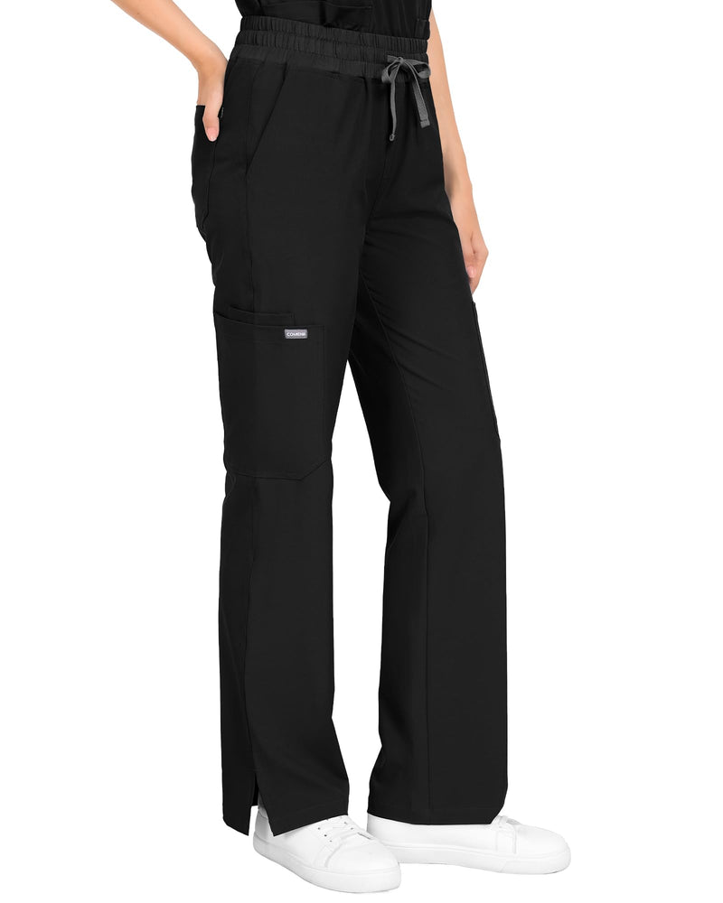 COMENII Scrubs for Women Set, V-Neck Top & Straight Leg Pants with 11 Pockets, Stretch Comfortable Womens Scrub Sets Regular 30" Medium Black