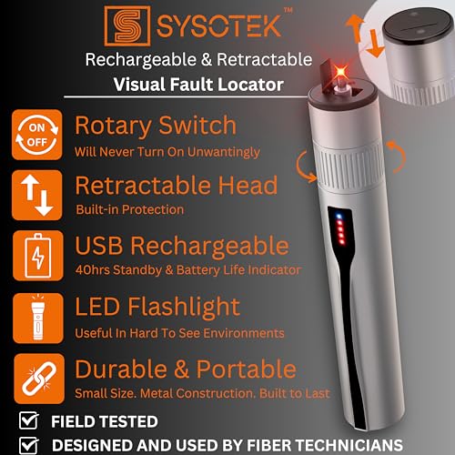 Visual Fault Locator - Rechargeable Red Light VFL Fiber Optic Tool kit - Retractable Head fits SC FC ST - Visible Red Light Source - Network Cable Tester - with Protective Case and LC Adapter