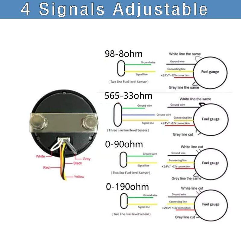 52mm Fuel Level Gauge, Universal 12V/24V 2" LED Display for Boat RV Yacht Car Truck, Motorcycle, Automotive Replacement Fuel Gauges, 4 Signals Adjustable 0-190ohm 98-8ohm 565-33ohm 0-90ohm