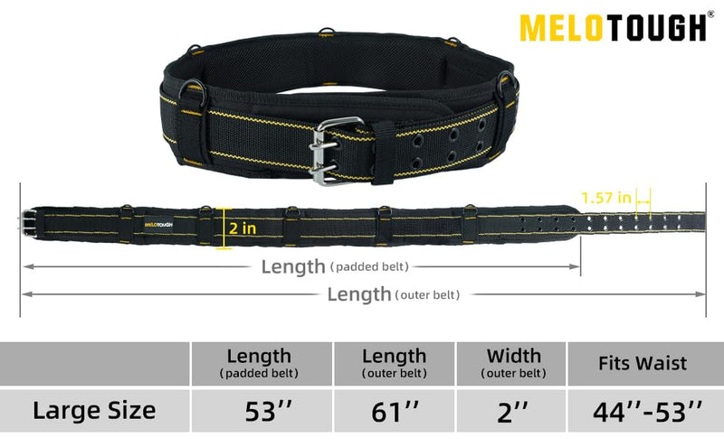 MELOTOUGH Padded Tool Belt with D ring for men Adjustable for 44"-53" Waists Heavy-duty Work Belt Metal Buckle xl/xxl