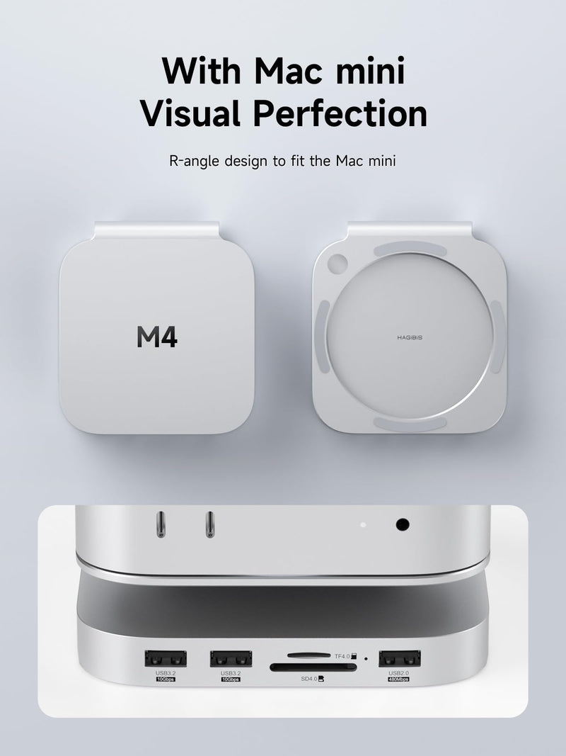 Hagibis Mac mini M4 Hub & Stand with SSD Enclosure, 3 in 1 USB Type-C Docking Station with M.2 NVMe SSD Case, 10Gbps USB3.2 Gen2, SD4.0, TF4.0, 5V/2A Power Supply for M4 Pro (MC60) MC60