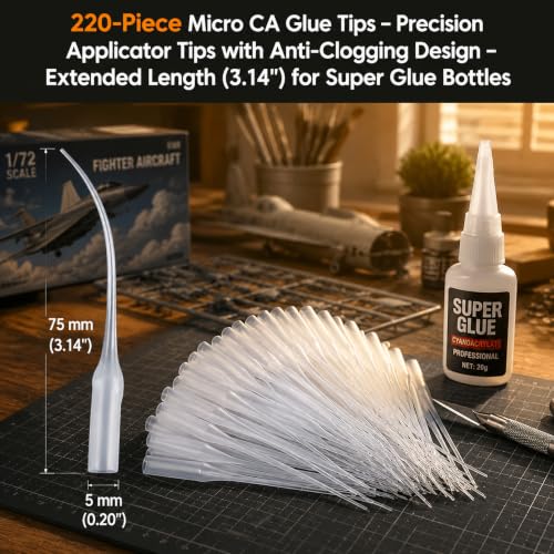 220Pcs Micro CA Glue Tips, Precision Glue Applicator Tips with Anti-Clogging Design & Extended Length for Super Glue Bottles, DIY Crafts, Model Building, Guitar Repair