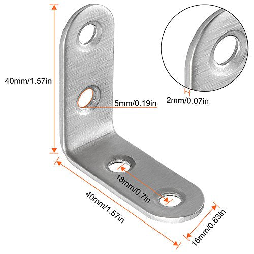 50 Pack Stainless Steel 90 Degree Angle L Shaped Bracket, 40mm x 40mm x 16mmCorner Brace Joint Bracket Fastener, Silver Tone, Round End, 4 Holes, Heavy Duty Metal