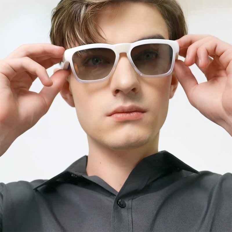 OhO Smart Glasses,Polarized Sunglasses with Bluetooth Speaker,Athletic/Outdoor UV Protection and Voice Control,Unisex(Transitional Lens) Shiny White Frame-transitional Grey Lens