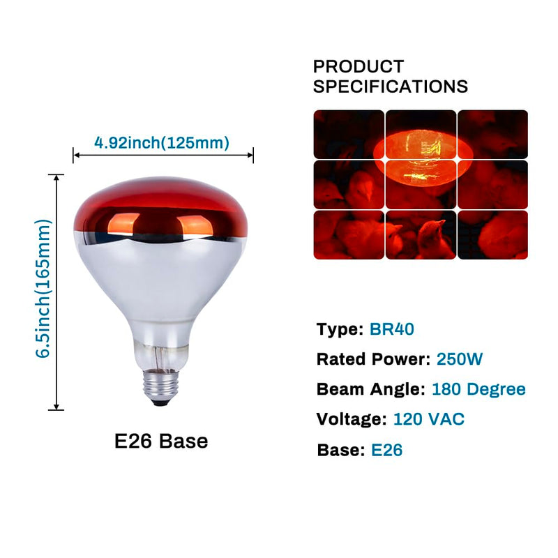 3 Pack 250W Heat Lamp Bulbs for Chicks, R40 Brooder Heat Lamp for Chickens, Infrared Reflector Heat Bulbs for Brooder Heater, Incandescent Heating Bulb for Pet, Bathroom, Food 250 Watts 3 Pack