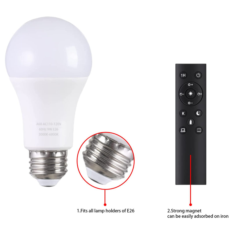 A19 LED Light Bulbs with Remote Control 1100LM 12W (80W Equivalent) LED Bulbs,Stepless Dimmable 3000K-6000K,E26 Base,CRI 80+,2.4GHz,Light Bulb for Home Decor,2Bulb&1Remote