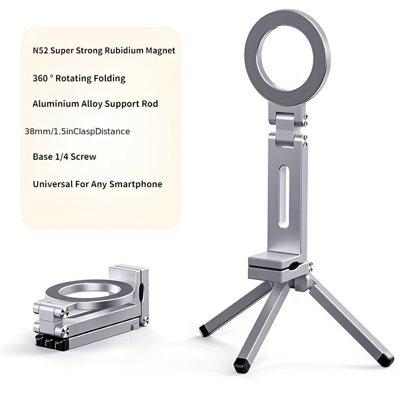 Magnetic Tripod for iPhone 17/16/15/14/13/12 Plus Pro Max Series,Aluminium Mini Magnetic Phone Tripod for iPhone,360° Adjustable Magic Clip Folding Magnetic Phone Stand,1/4" Screw (Grey) Grey