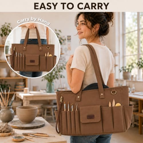 Pottery Tool Bag with Multiple Pockets, Art Supply Tote for Clay Tools brown