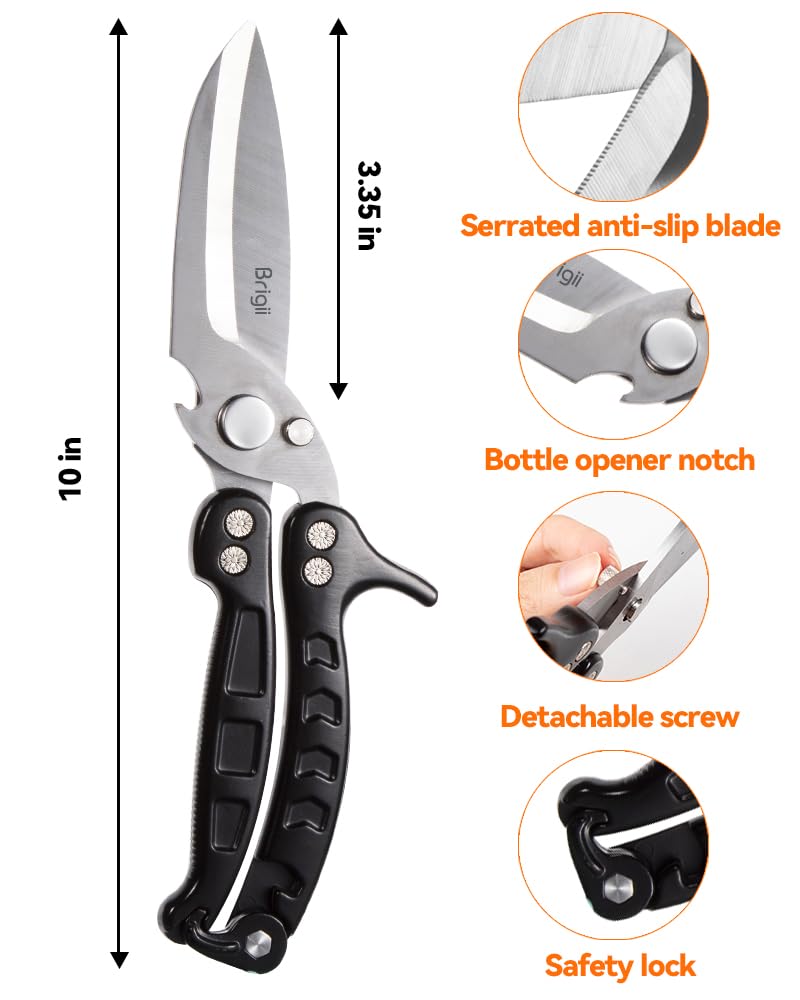 Brigii Kitchen Shear, Stainless Steel Heavy Duty Poultry Shears, Multi-Purpose Kitchen Scissors for Cutting Chicken, Fish, Seafood, and Vegetables-Black Black