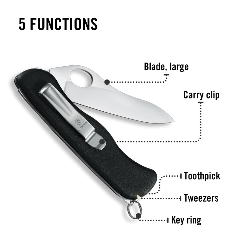 Victorinox Sentinel One-Hand Pocket Knife with Lock Blade and Clip - Black | Swiss made stainless steel construction, 5 functions, ultra lightweight streamlined design, key ring, and slim profile