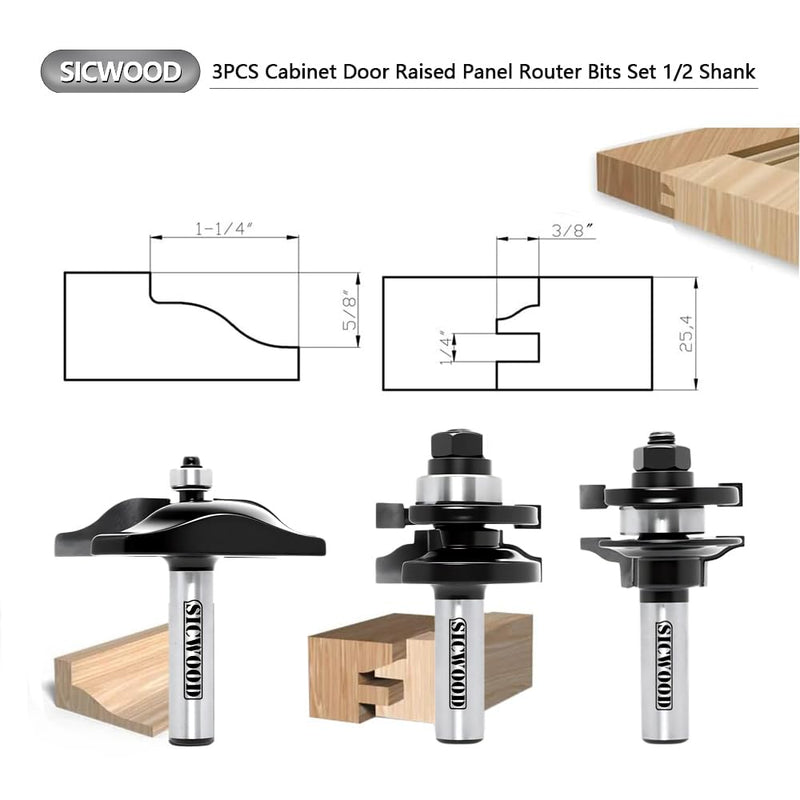 3PCS Cabinet Door Raised Panel Router Bits Set 1/2 Shank, Carbide Woodworking Tools, for Making Door & Window Frames, (Tenon Joint Cutter Diameter: 1-5/8")