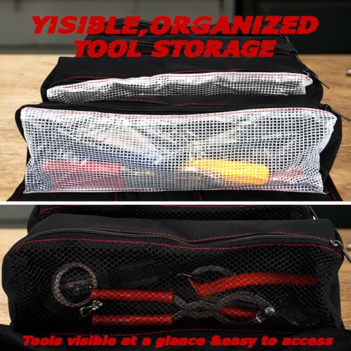 Tool Roll Bag, 13-Pocket Tool Roll-Up Bag with Clear Pouches, Black