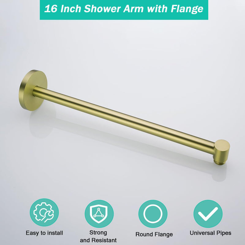 Shower Arm,16 Inch Rain Shower Head Extension Extender, With Flange and Teflon Tape, Made of Thicken Stainless Steel for Bathroom Rainfall Shower,Brushed Gold,SE-91088-16BG Brushed Gold(91088)