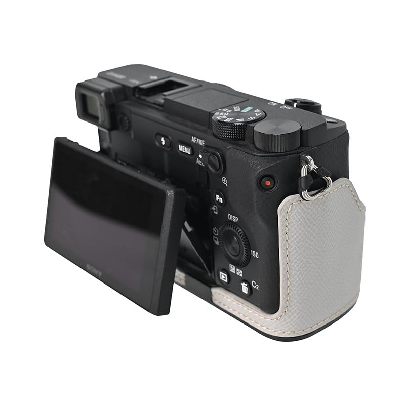 A6400 Case, BMAOLLONGB Handmade PU Leather Half Camera Case Bag Cover Bottom Opening Version for Sony Alpha A6400 with Hand Strap (White) White
