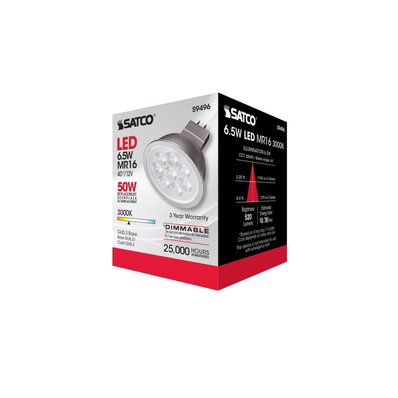 Satco Lighting 6.5 Watt Dimmable MR16 Low Voltage LED Light Bulbs - 3000K Soft White - 40 Degree Beam Angle - GU5.3 Base - 12 Volt AC/DC - 6 Pack
