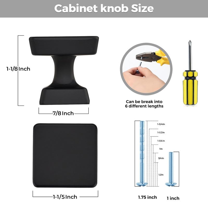 10 Pack Black Cabinet Knobs 1.2 Inch Square Kitchen Cabinet Knobs for Dresser Drawers Solid Hardware 10
