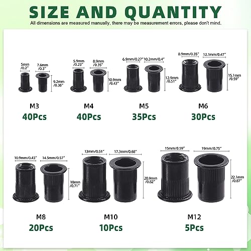 Keadic 180Pcs Carbon Steel Threaded Rivet Nuts Assortment Set M3 M4 M5 M6 M8 M10 M12 Rivnut, Zinc-Plated Black Knurled Flat Head Threaded Insert Nut for Furniture Mechanical Fasteners Metric Rivnut Assortment Set-180pcs