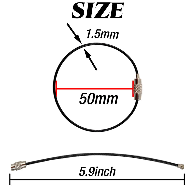 50PCS Black Stainless Steel Wire Keychains Cable, Key Rings, Heavy Duty Luggage Tags Loops Tag Keepers 1.5mm Twist Barrel (Cable Length: 5.9 inches)