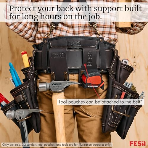 FESA Padded Leather Tool Belt with Back Support Have D-rings for Suspenders Brown