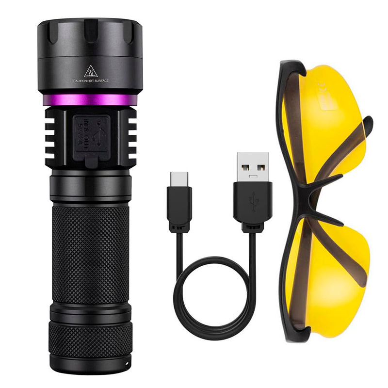 ALONEFIRE SV116 365nm UV Flashlight 60W Powerful Blacklight USB C Rechargeable Black Light for Pet Urine Detector, Scorpion, Resin, Bed Bug, Fishing with UV Protective Glasses, Rechargeable Battery