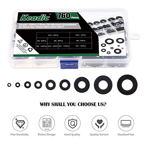 Keadic 760Pcs Flat Washers Assortment Kit Black Zinc Plated Alloy Steel, 9 Sizes - M2 M2.5 M3 M4 M5 M6 M8 M10 M12 Zinc Plated Flat Washer - 760Pcs
