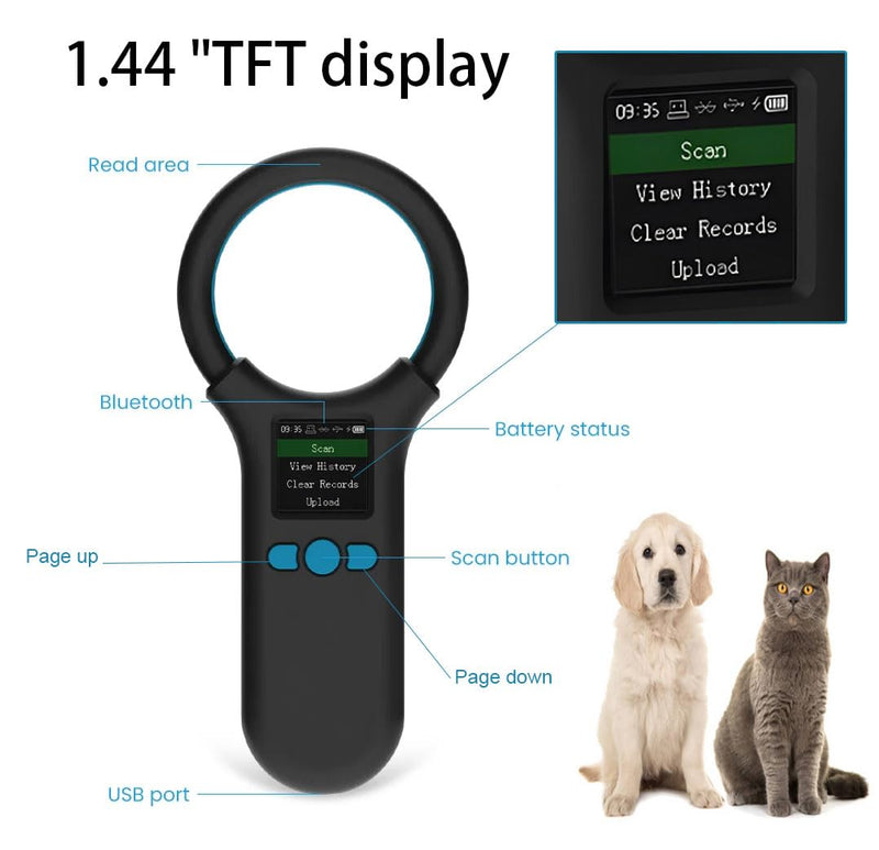 Pet Microchip Scanner, Animal Universal Microchip Tag Reader Scanner with 1.44” TFT Screen, 500 Pieces Data Storage, 800mAh Rechargeable Battery, 3-in-1 Connections Black