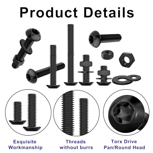 900PCS Torx Button Head Screws, M2 M2.5 M3 Bolts and Nuts Washers Set, Star Drive Round Head Machine Screws 10.9 Grade Alloy Steel Black, Small Torx Bolts Fully Threaded with T6 T8 T10 Wrench
