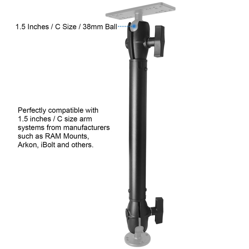 Aluminum Extension(18.3"/46.5cm) Double Socket Arm for 1.5 Inches/C Size / 38mm Ball Accessories, Powerful Clamp, 360° Rotation, Compatible with RAM Mount, iBolt and More