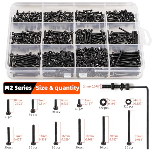M2 Metric Hex Socket Head Cap Screws Assortment Kit, 960PCS, Black Alloy Steel, M2 Thread, Hex Head, Suitable for 3D Printers, Electronics, Furniture Repair, Mechanical Maintenance, Automotive