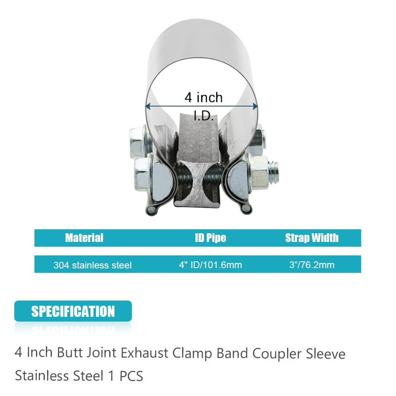 4" 4.0 Inch Exhaust Clamp Butt Joint Band Clamp Sleeve Coupler Stainless Steel 4 Inch for Exhaust Pipes, Mufflers and Catalytic Converters (1 PCS) 1 4.0"
