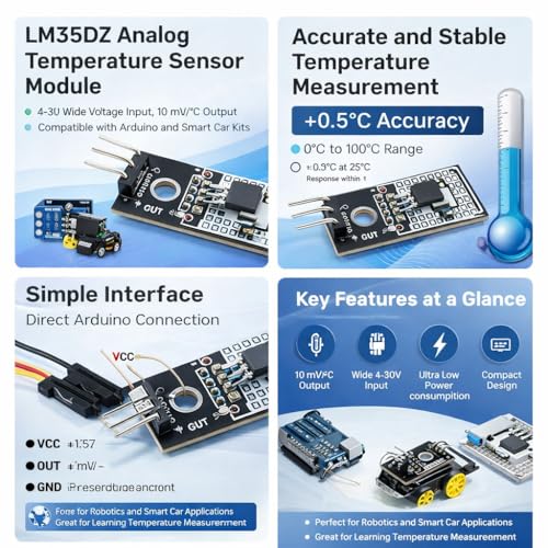6pcs LM35DZ Analog Temperature Sensor Module, 4–30 V Wide Voltage Input, 10 mV