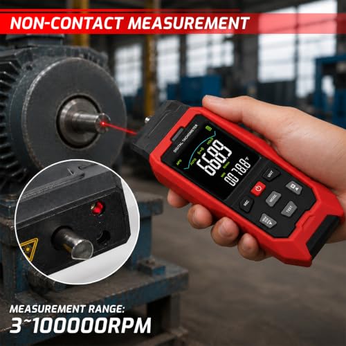 Digital Tachometer Non-Contact & Contact RPM Meter Datalogger, 3-100,000 RPM Laser Tachometer with 2,000 Data Logging Function, Surface Speed & Length Measurement, Includes Reflective Tape and Probes