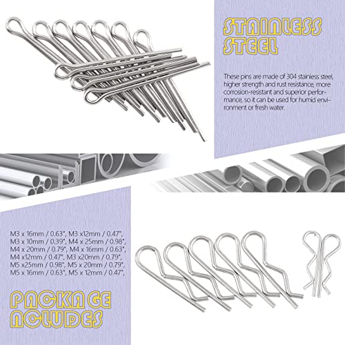 Swpeet 122Pcs 304 Stainless Steel M4 M6 M8 Clevis Pin with M1.5 M2 M3 Zinc Plated Steel Cotter Pin and Clips Fastener Set Hitch Pin Clips Fastener Fitting Hole Location Pin T-Shape Round Pin
