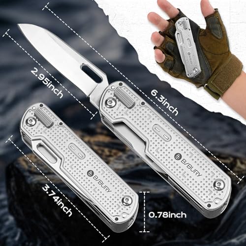 BIBURY 13-in1 Multitool Pocket Knife with Clip & Large Scissors, Locking