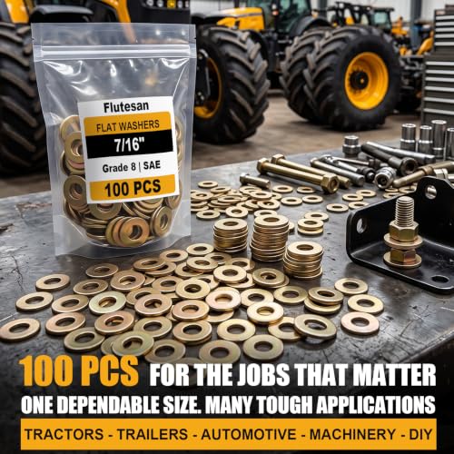 Flutesan 100 Pcs 7/16'' Flat Washer for Screw Bolt,Grade 8 SAE Bulk 7/16inch