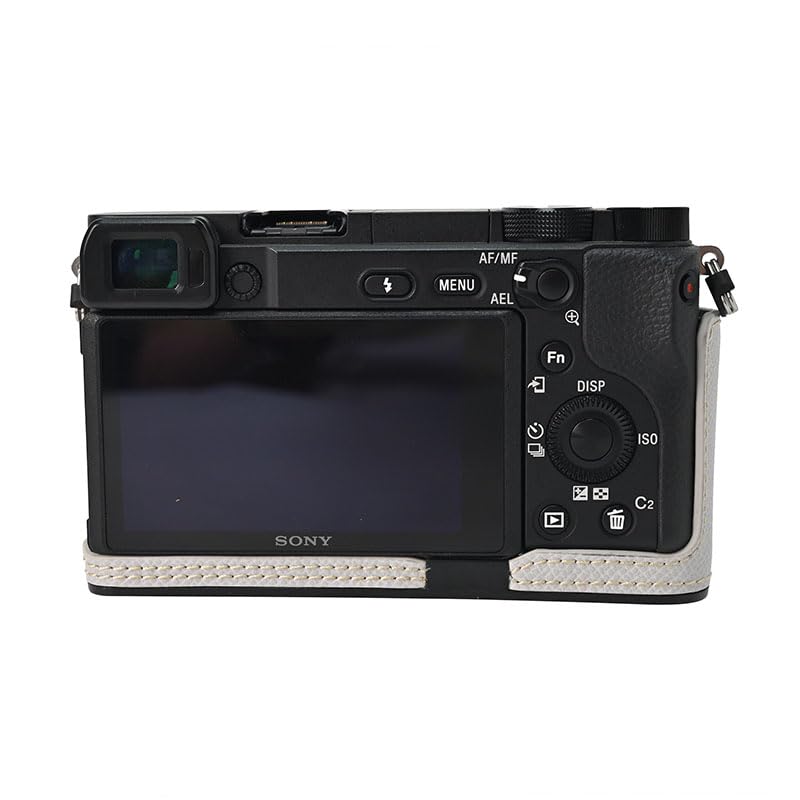 A6400 Case, BMAOLLONGB Handmade PU Leather Half Camera Case Bag Cover Bottom Opening Version for Sony Alpha A6400 with Hand Strap (White) White
